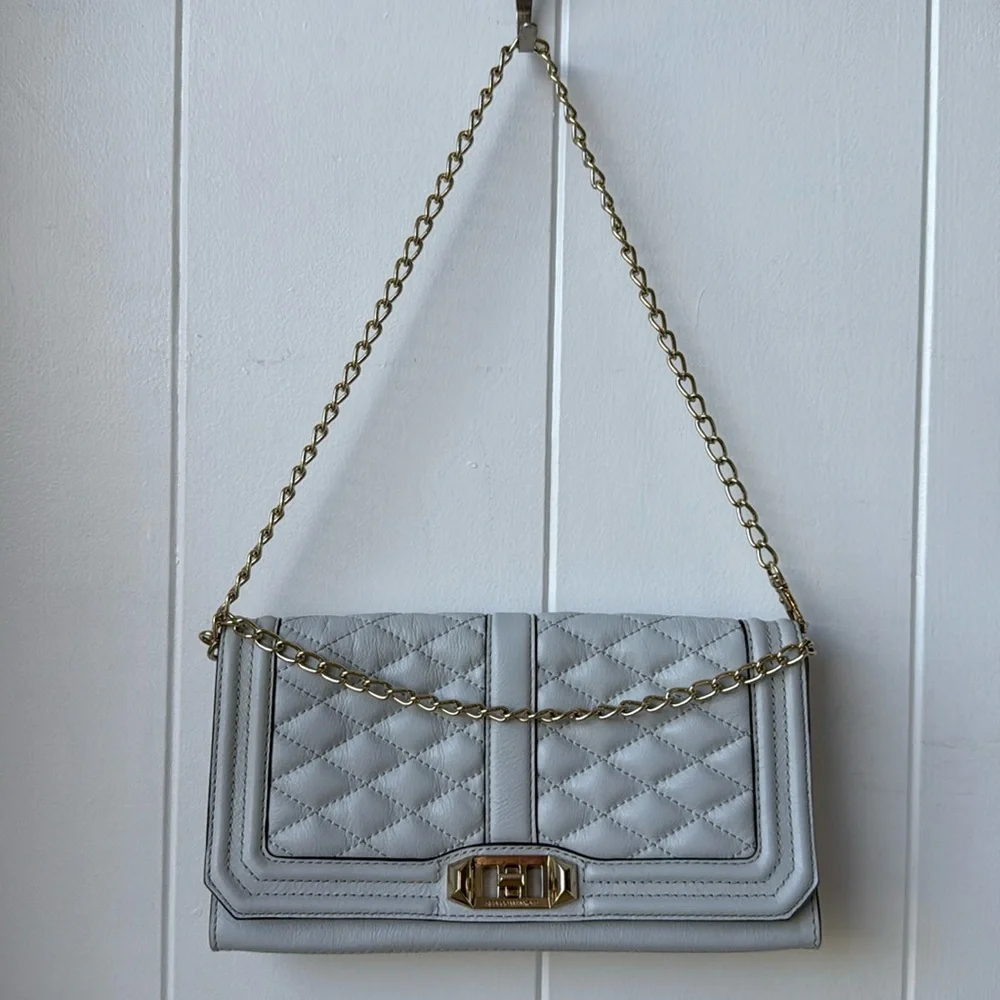 HOLD Rebecca Minkoff Love Quilted Crossbody Shoulder Bag Gray Beige Cream Taupe - Picture 2 of 11